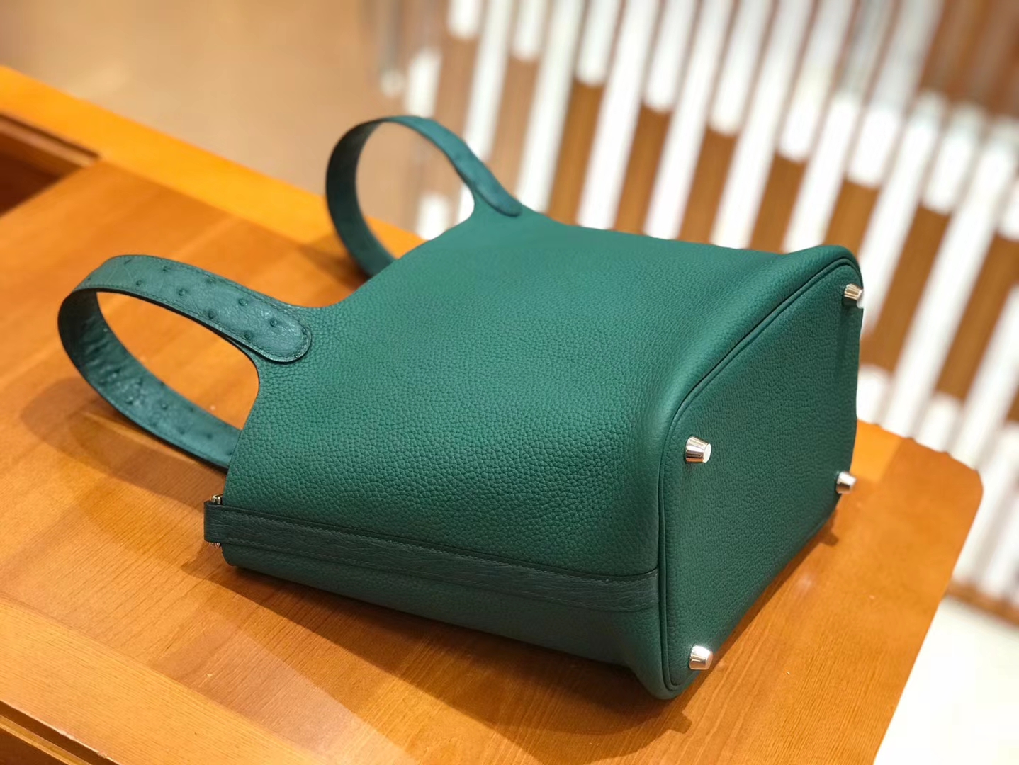 Hermès（爱马仕）Piction 18cm 丝绒绿 银扣 鸵鸟皮拼小牛皮 全手工缝制