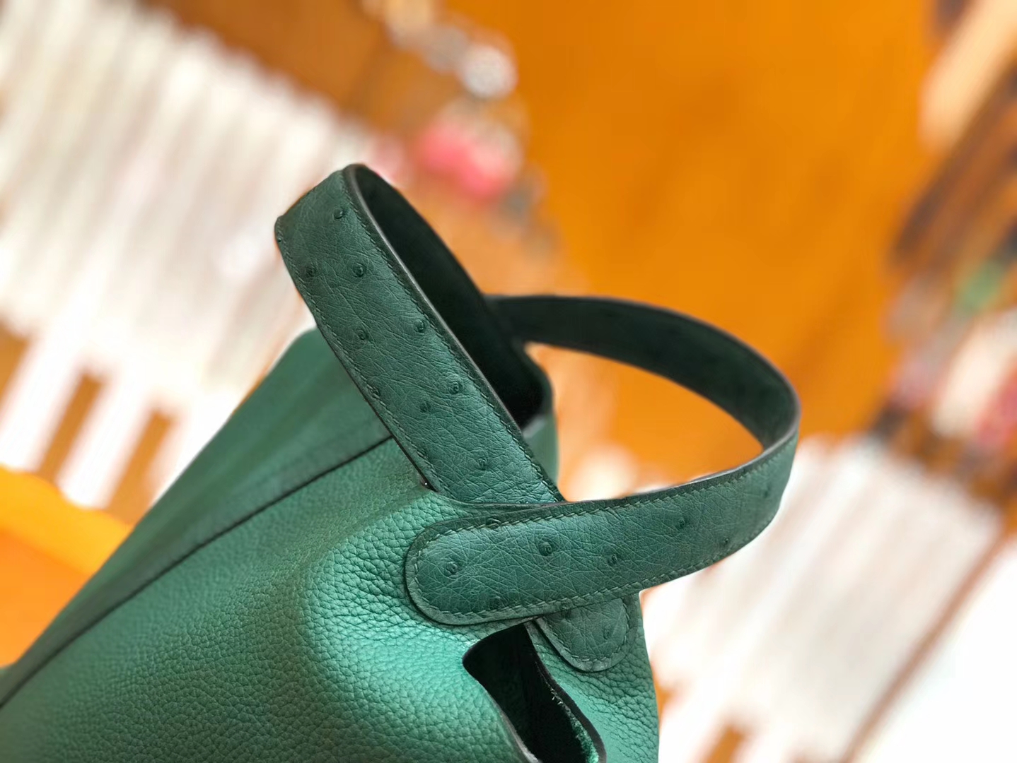 Hermès（爱马仕）Piction 18cm 丝绒绿 银扣 鸵鸟皮拼小牛皮 全手工缝制