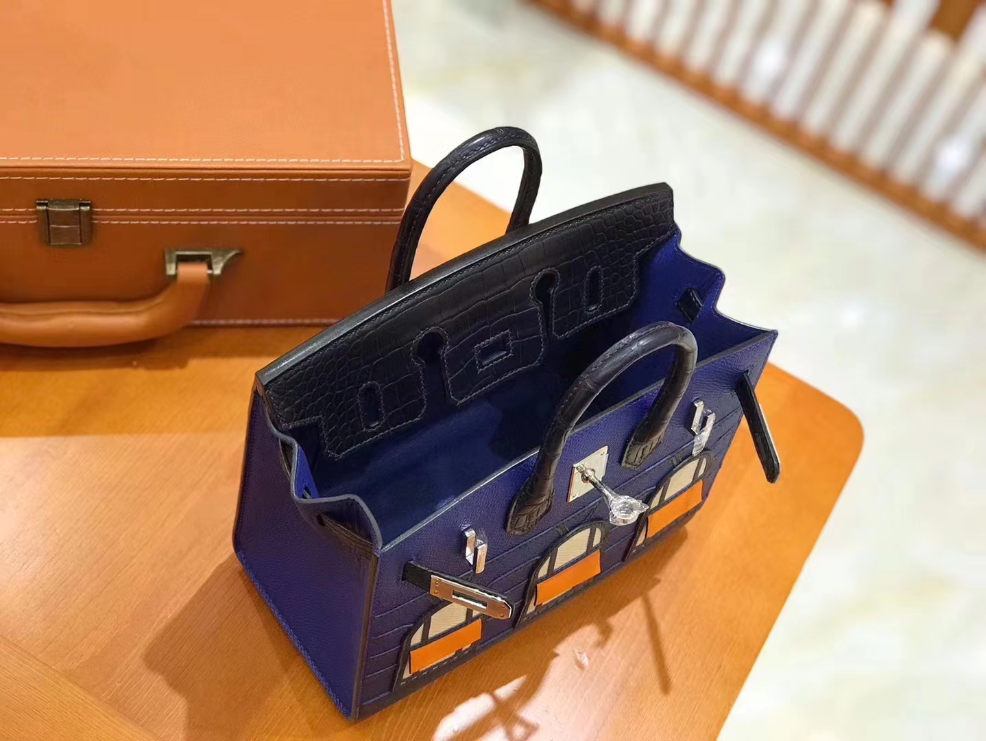 Hermès（爱马仕）Birkin 20cm 限量版小房子 宝蓝色 Epsom拼鳄鱼皮 顶级全手缝工序