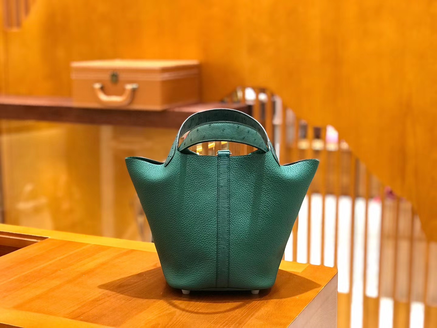 Hermès（爱马仕）Piction 18cm 丝绒绿 银扣 鸵鸟皮拼小牛皮 全手工缝制