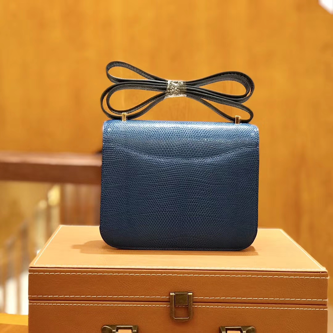 Hermès（爱马仕）Constance 18cm 海军蓝 南非蜥蜴皮 全手工缝制